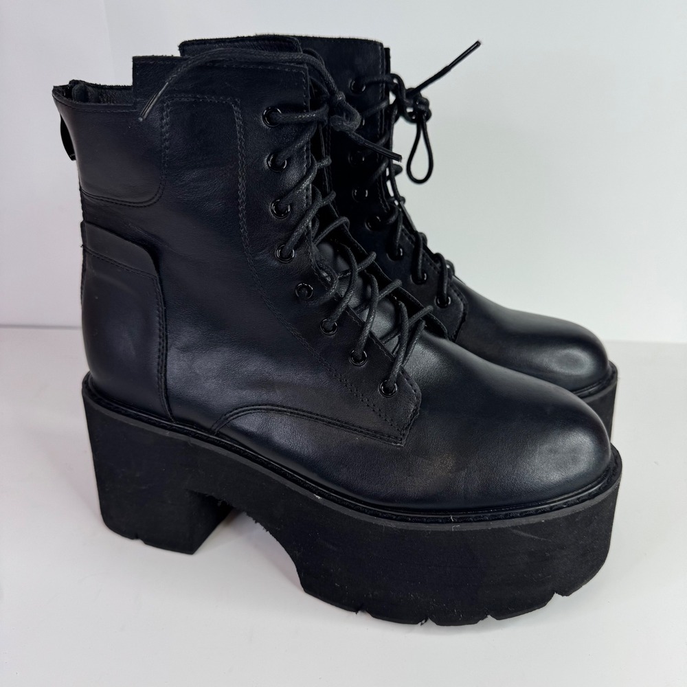 Platform Combat Boots Women Size 41 Faux Black Leather Chunky Lug Sole